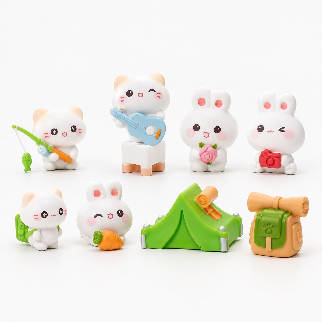 Cartoon Camping Bunnies Mini Figurines Set, Cute Home and Desk Decor, 8 Piece Set - Image 2